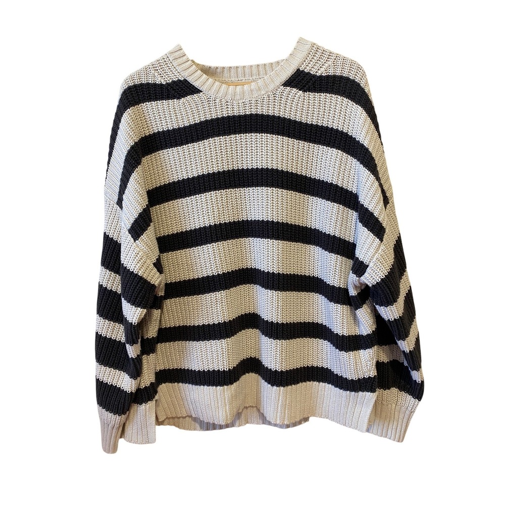 American Eagle Chunky Knit Sweater XL Cream Blue Striped Oversized Cotton Preppy